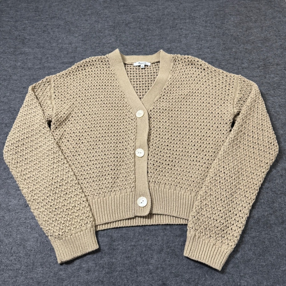 Madewell Womens Tan Beige Open Knit Cotton Cardigan Sweater Small S Cropped
